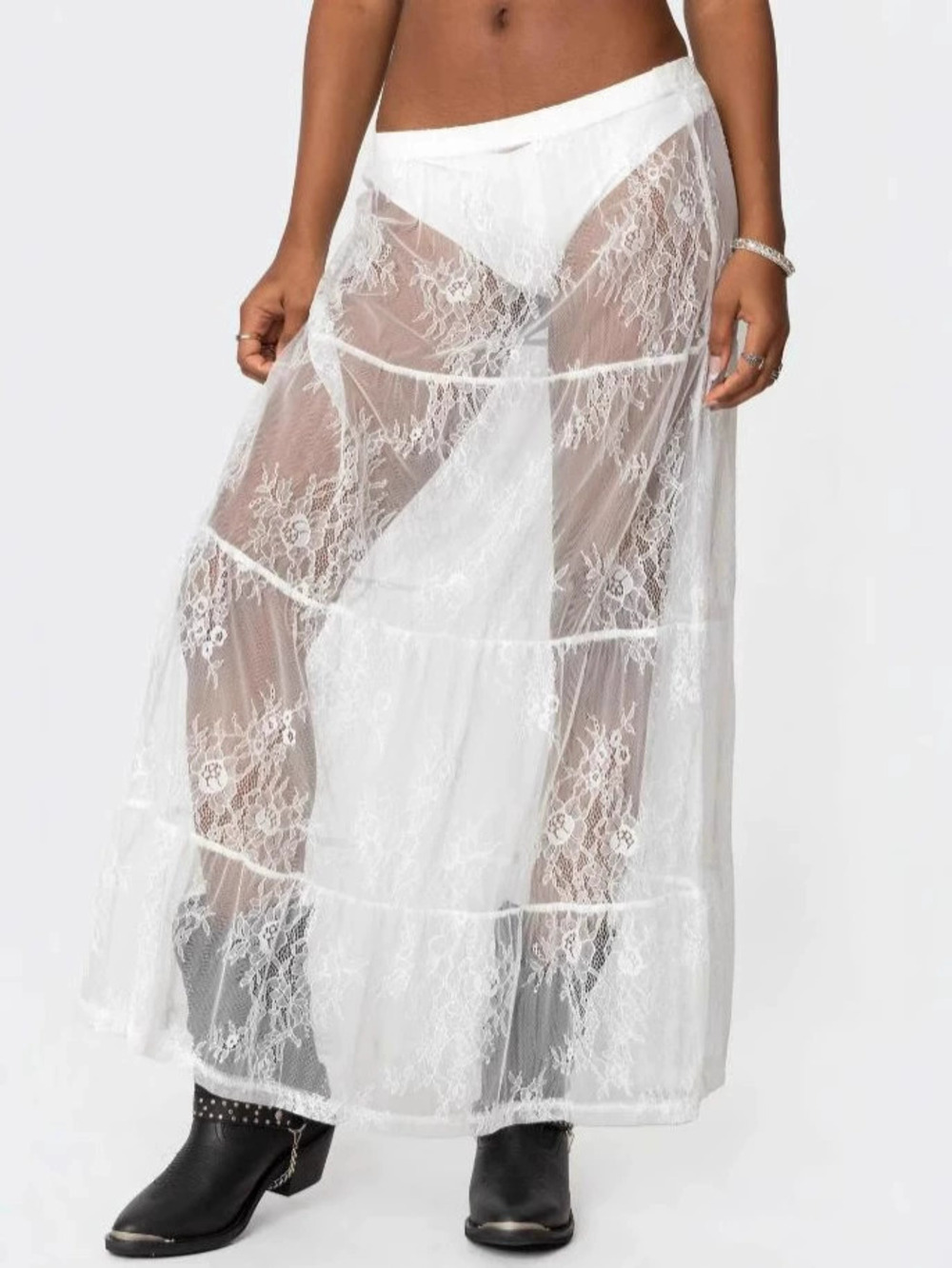 Zara Lace Sheer Midi Skirt Summer Casual Floral Mid Rise